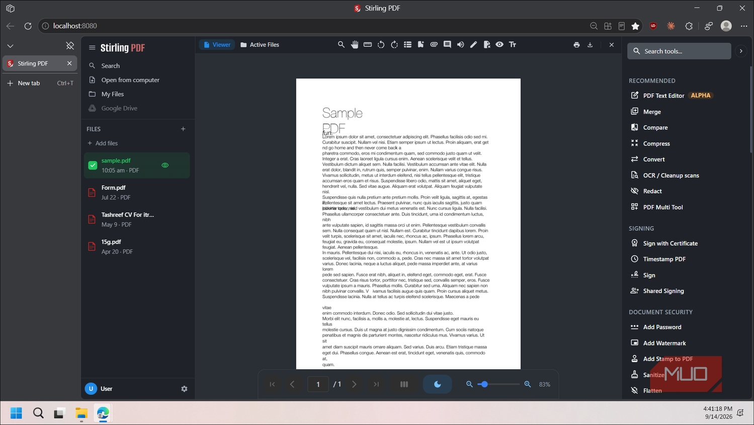 stirling pdf editor interface with sample pdf document open