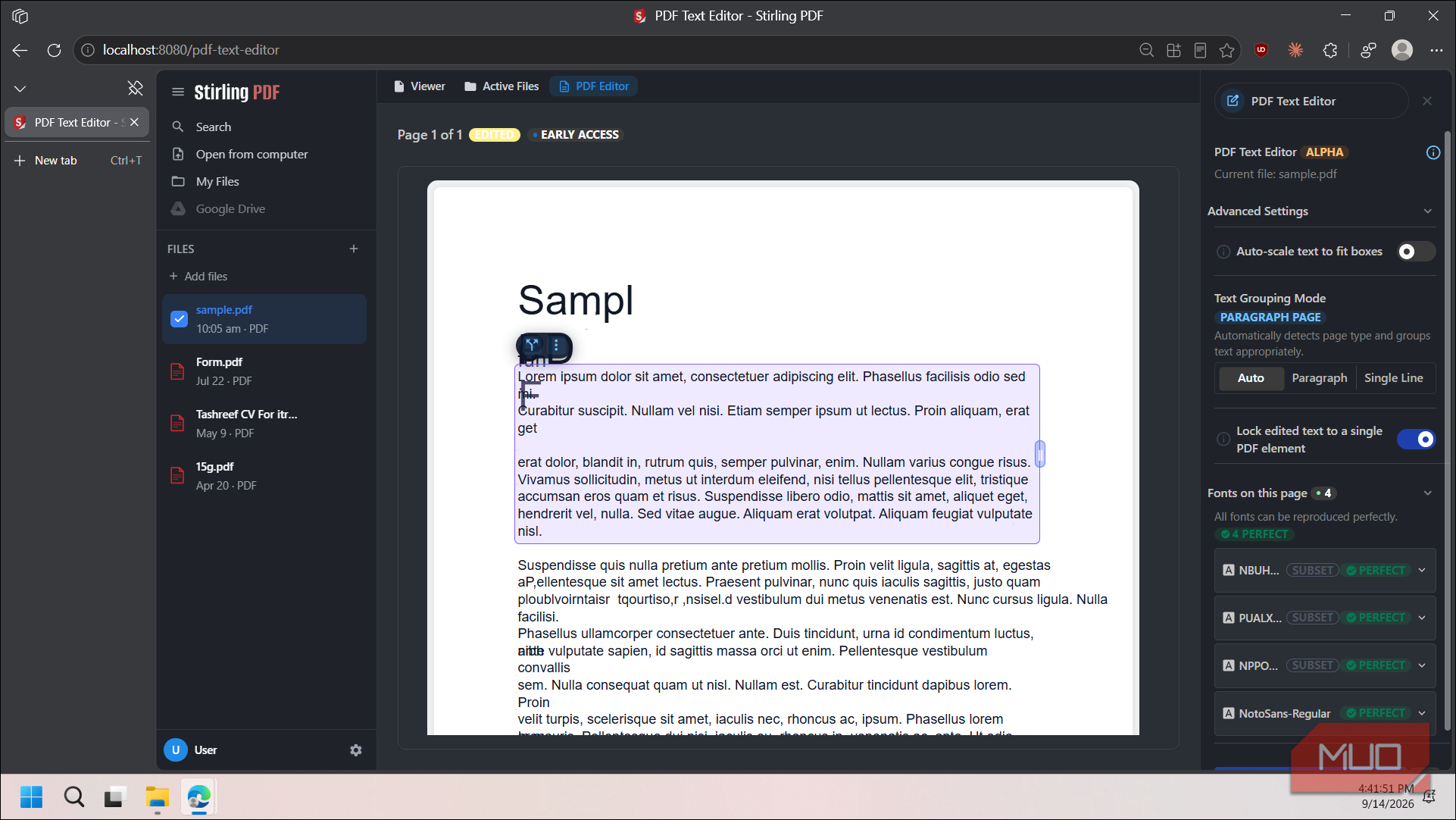 stirling pdf text editor interface with sample document open-1