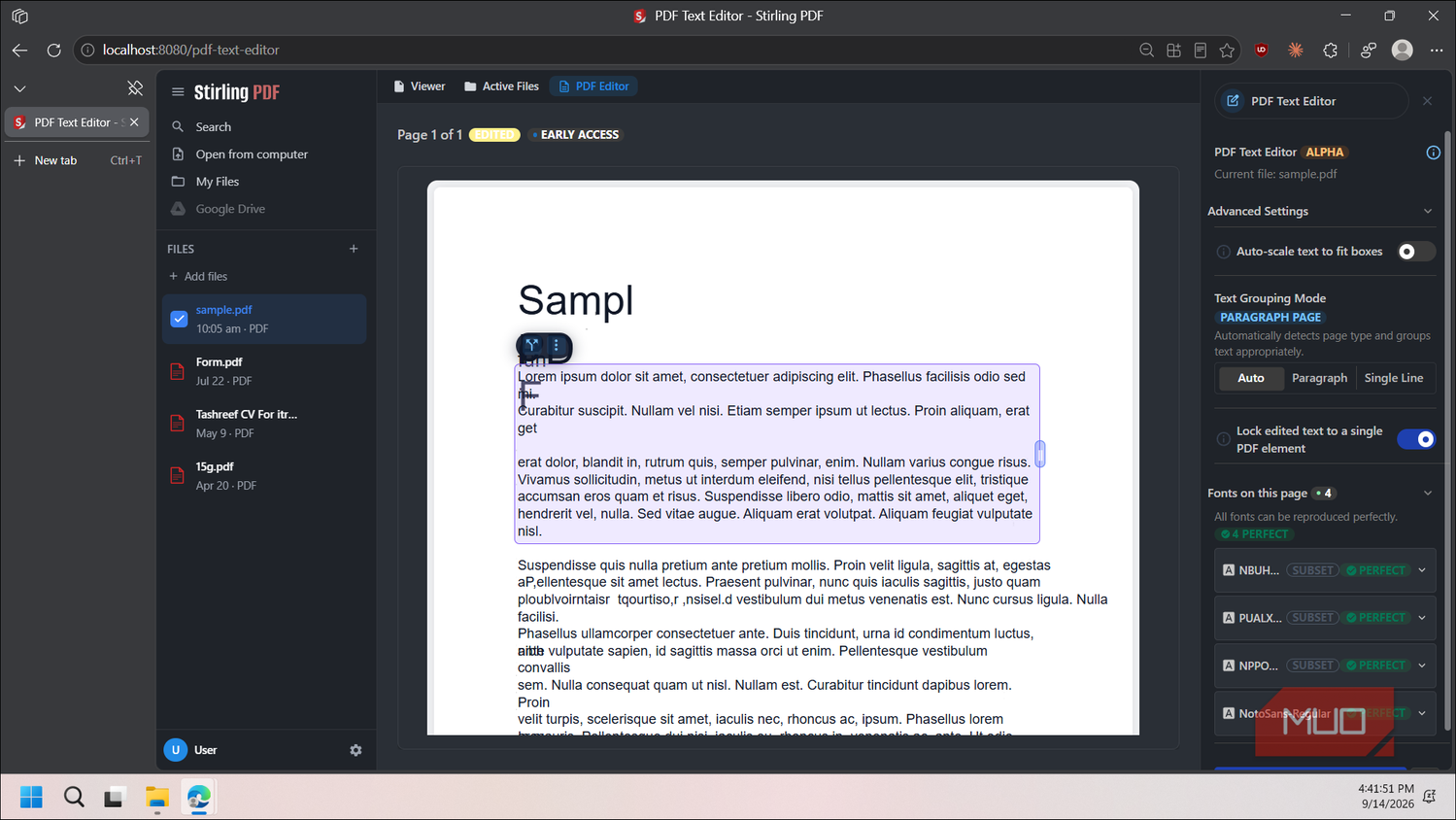 stirling pdf text editor interface with sample document open-1