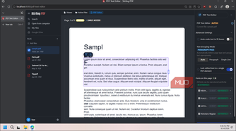 stirling pdf text editor interface with sample document open-1