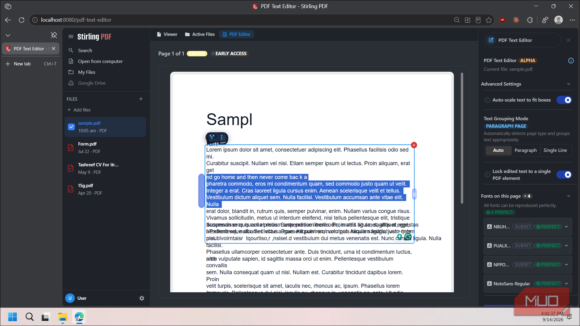 stirling pdf text editor interface with sample document open-2