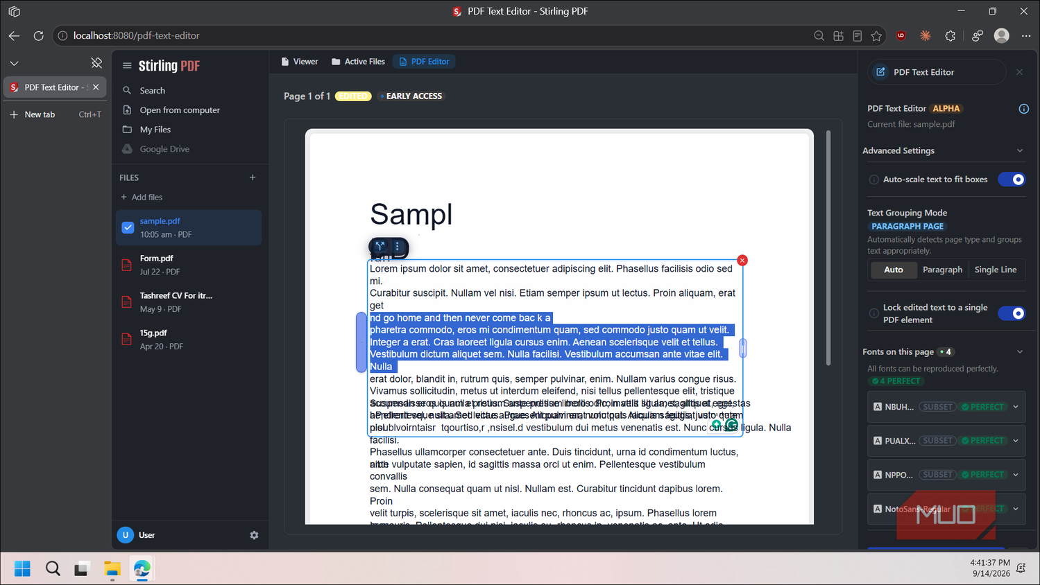 stirling pdf text editor interface with sample document open-2