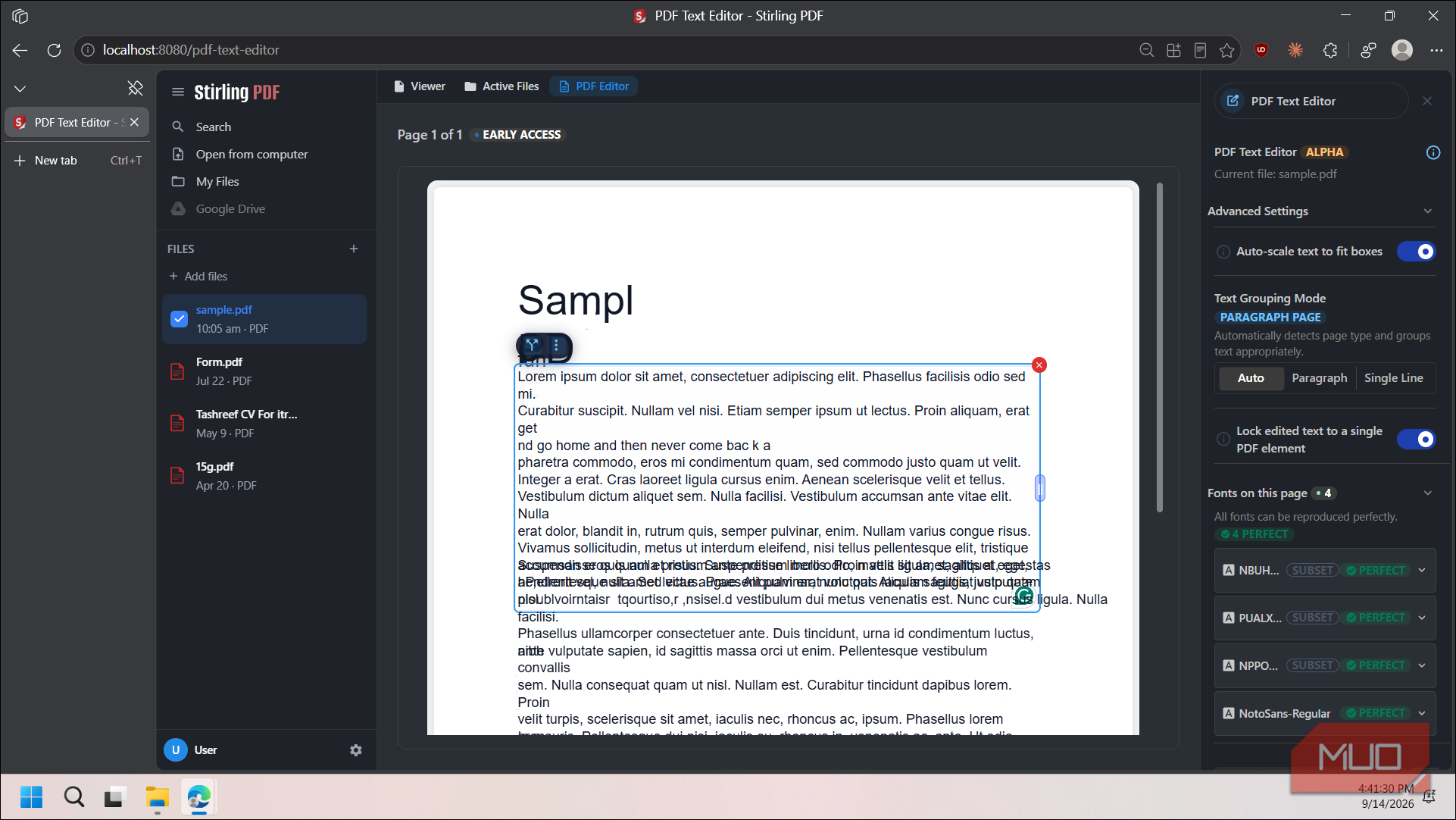 stirling pdf text editor interface with sample document open-3