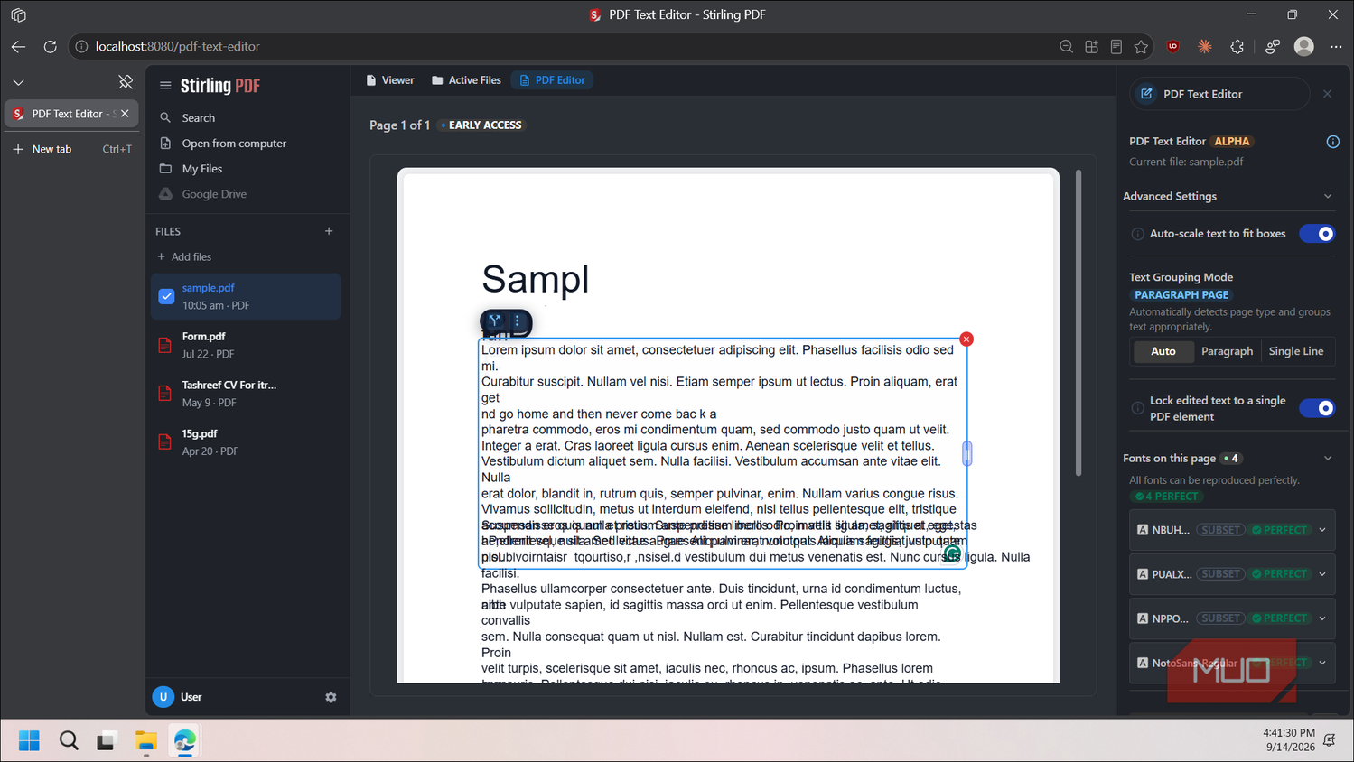 stirling pdf text editor interface with sample document open-3