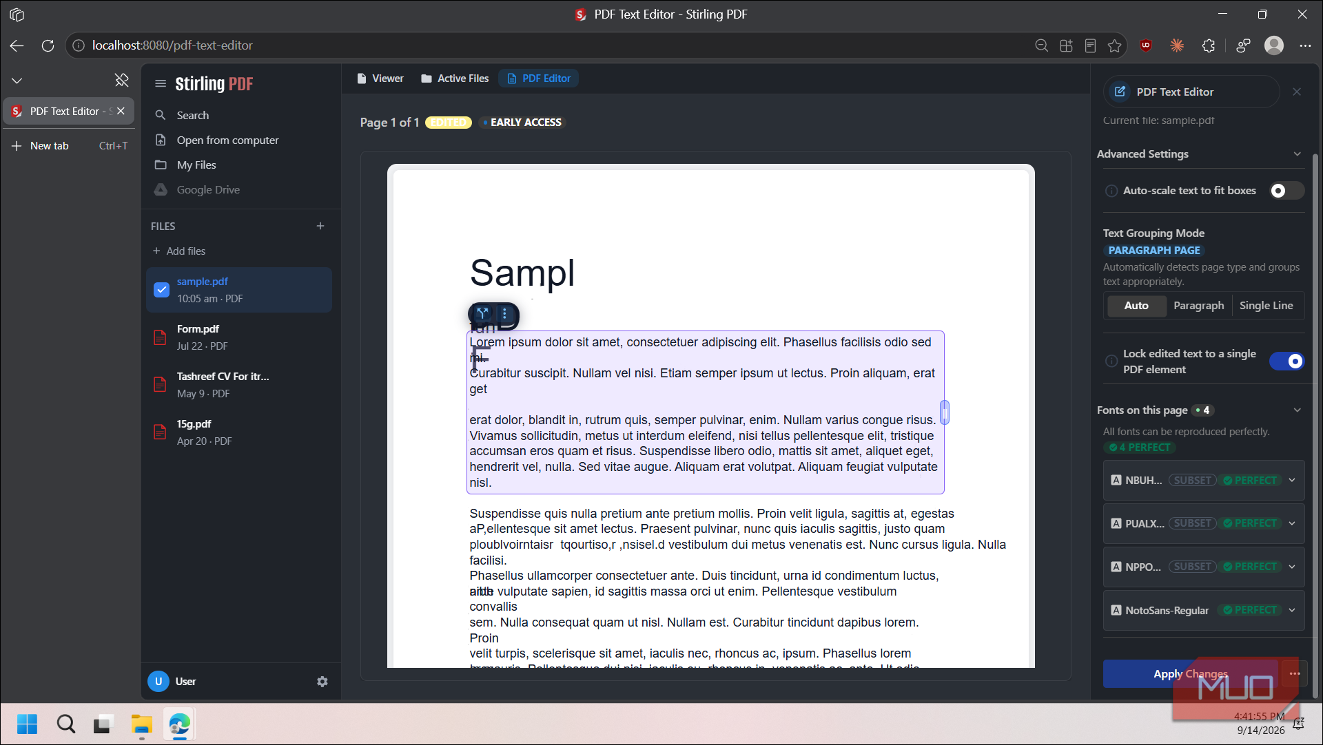 stirling pdf text editor interface with sample document open