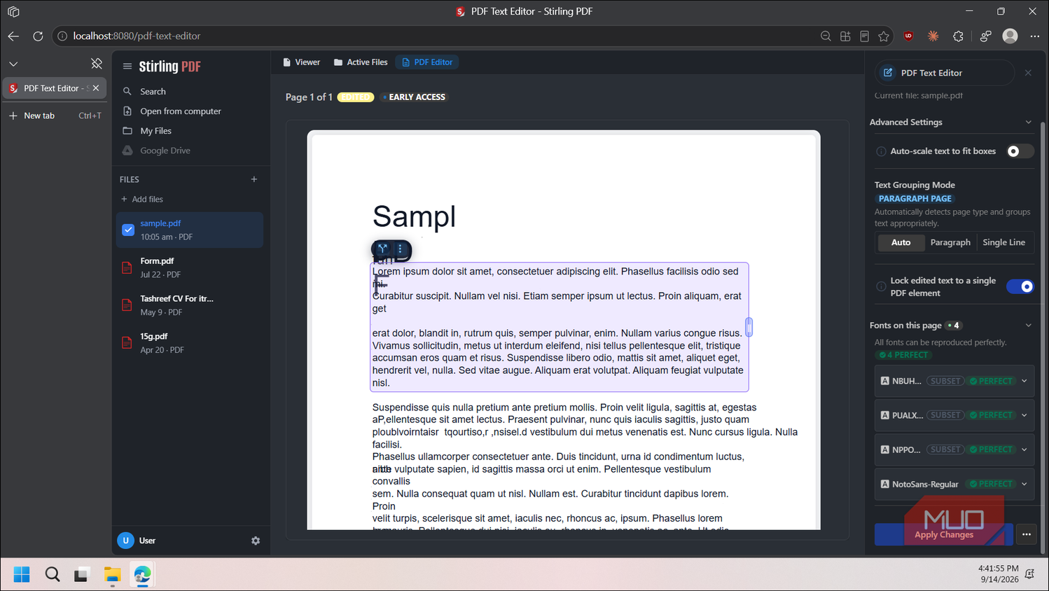 stirling pdf text editor interface with sample document open