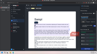 stirling pdf text editor interface with sample document open
