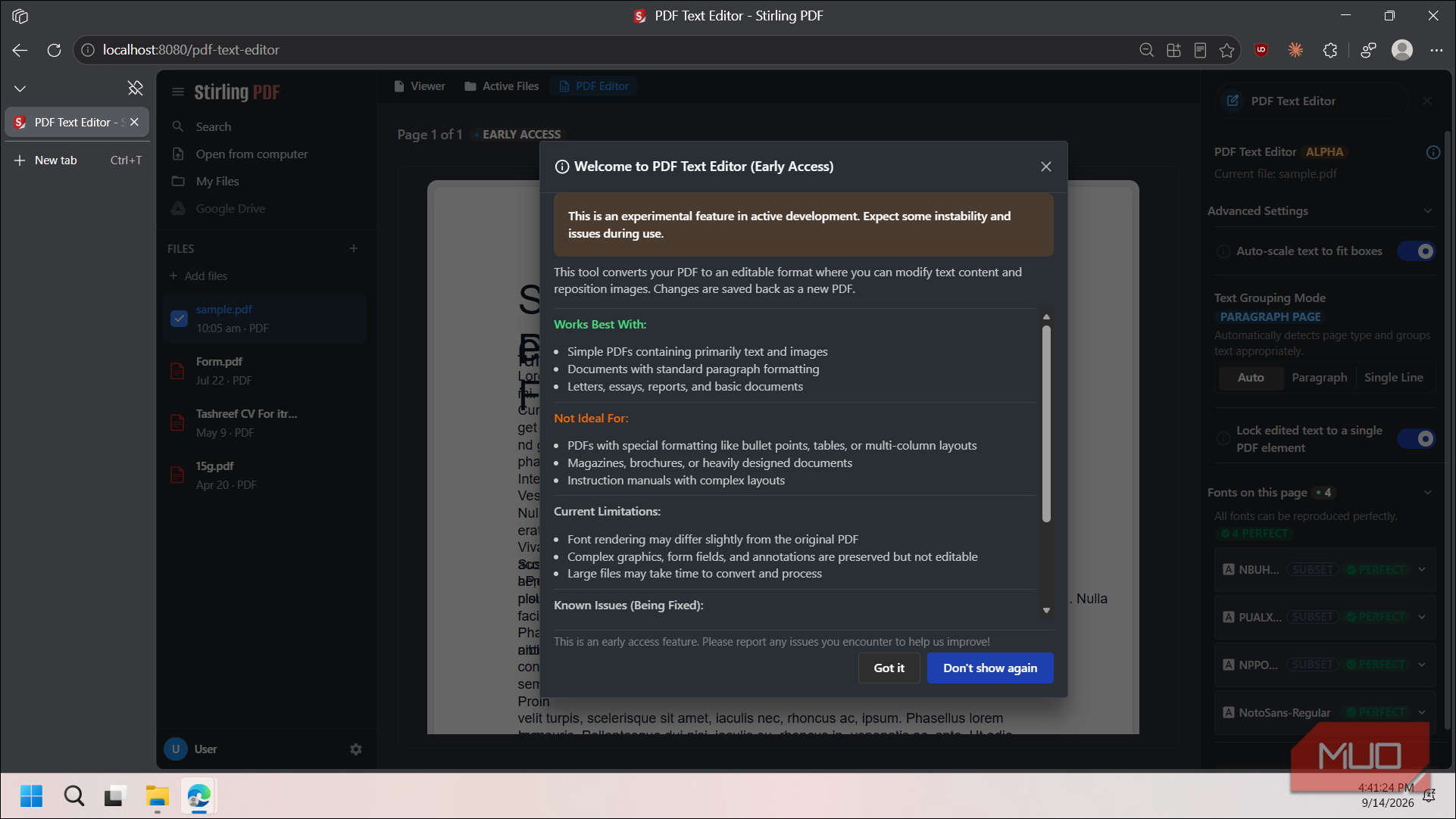stirling pdf text editor welcome dialog early access feature overview