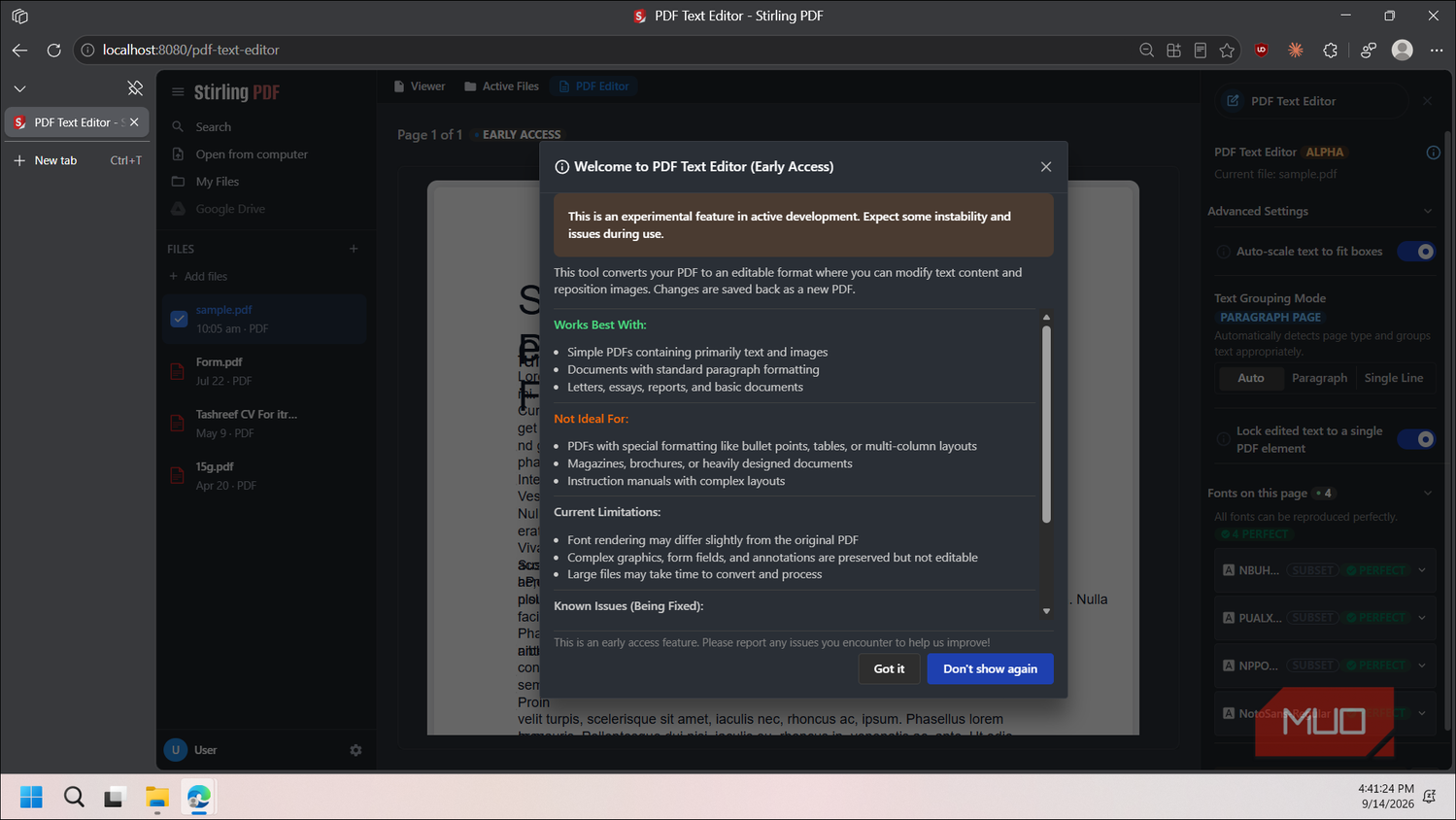 stirling pdf text editor welcome dialog early access feature overview