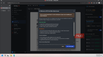 stirling pdf text editor welcome dialog early access feature overview