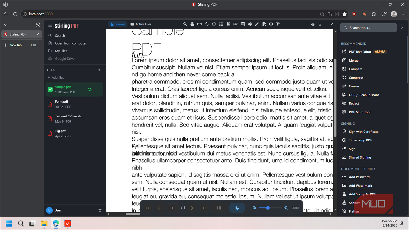 stirling pdf web editor displaying sample pdf with lorem ipsum text