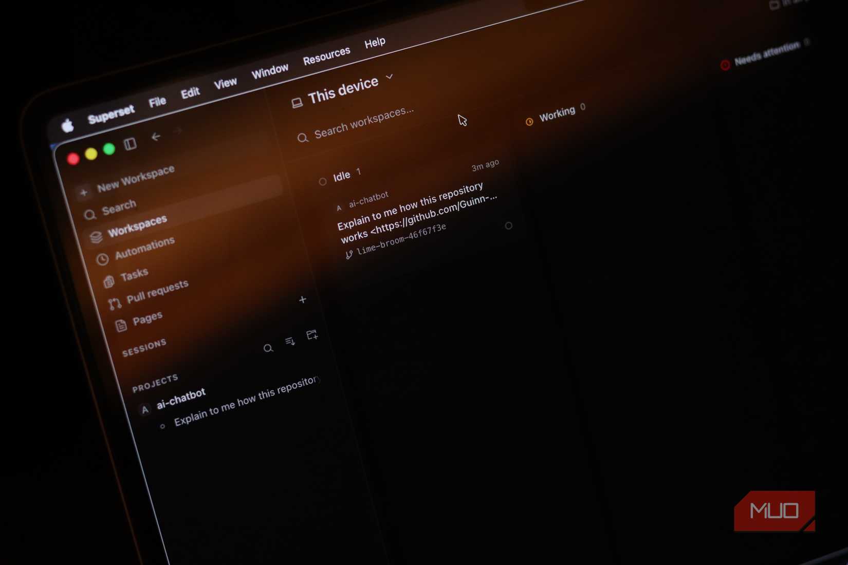 Superset workspaces menu on macbook.