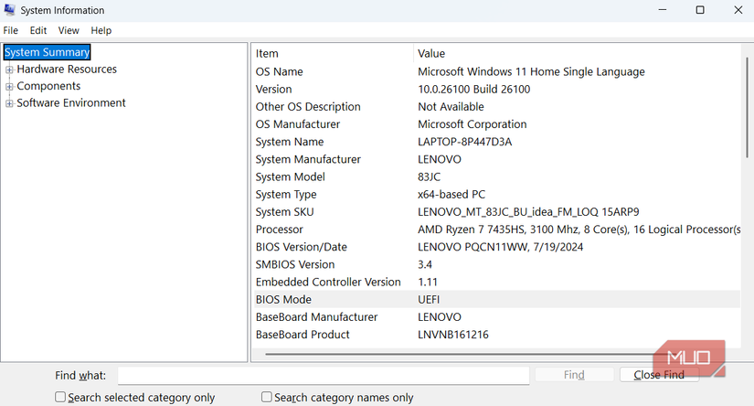 System information menu in Windows