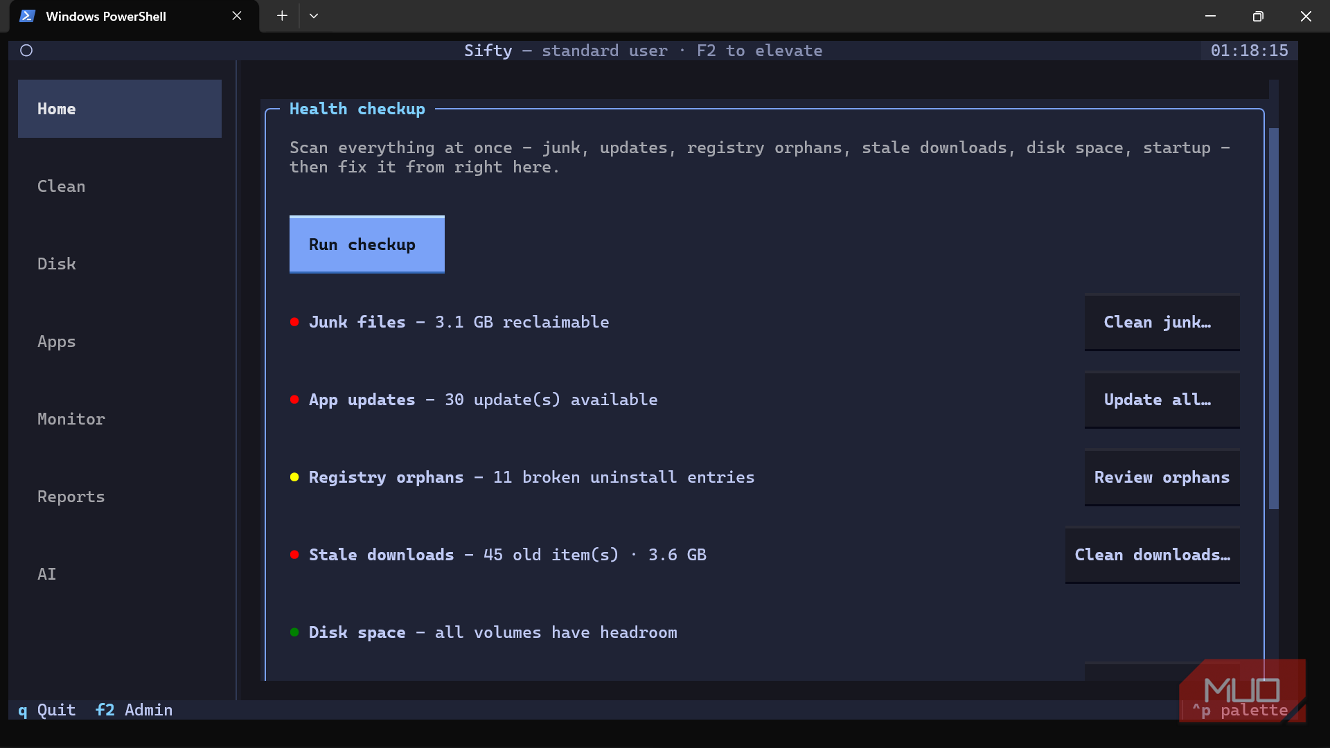 Terminal utility application showing system health checkup.