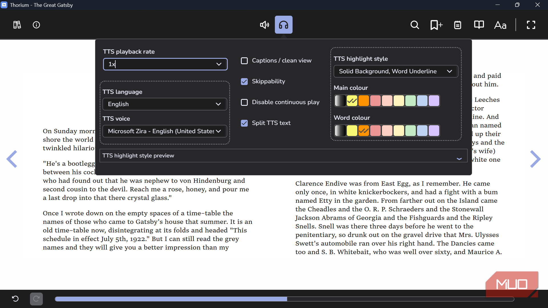Text to speech settings menu in ebook reader