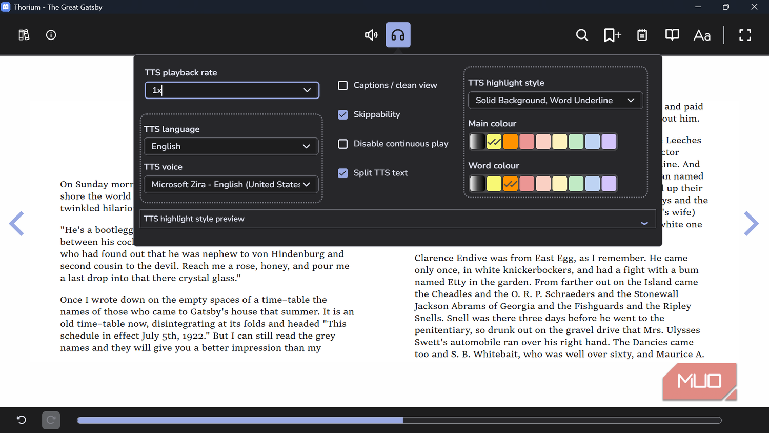 Text to speech settings menu in ebook reader