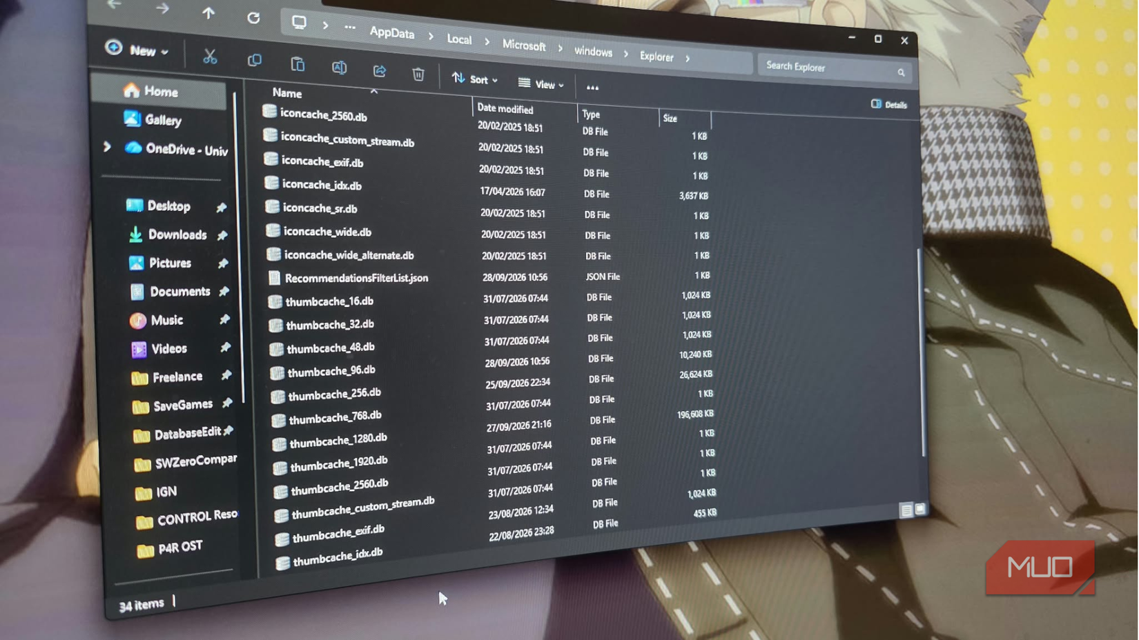 Explorador de archivos de Windows que muestra el directorio de datos del Explorador de Windows que contiene iconos almacenados en caché y archivos de base de datos en miniatura