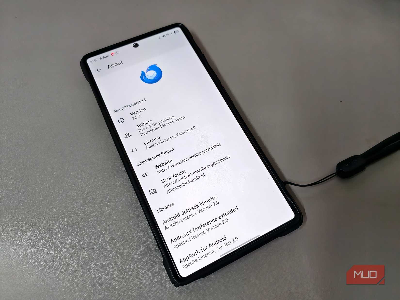 Thunderbird mobile app displaying about and version screen