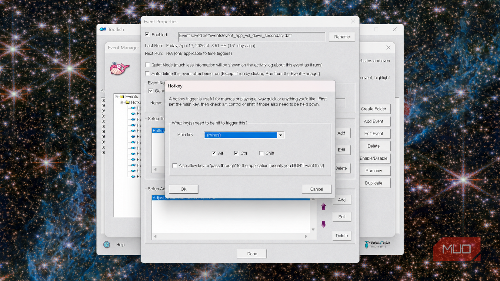 Toolfish event properties hotkey settings window.
