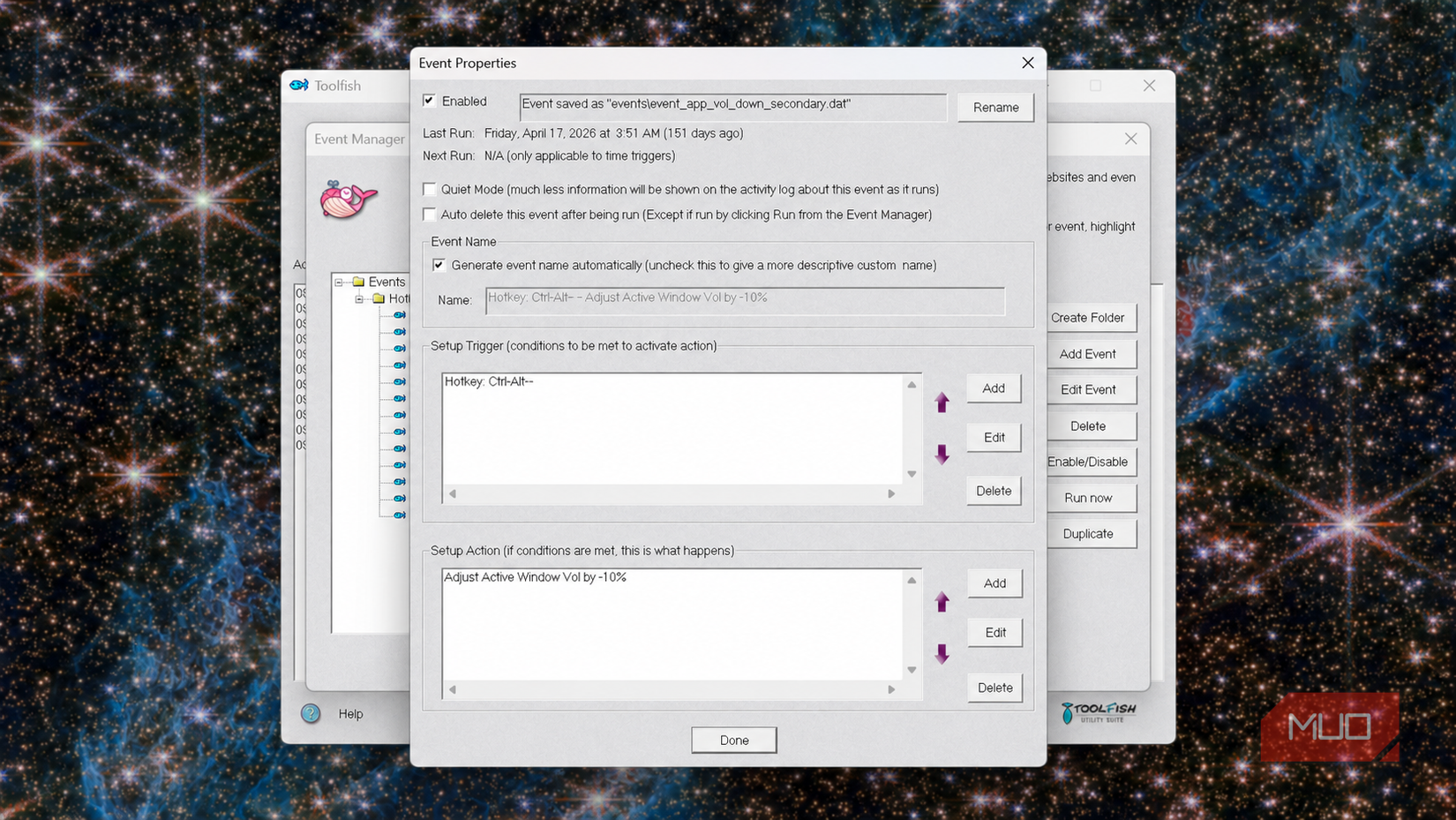 Toolfish Event Properties window showing trigger and action settings.