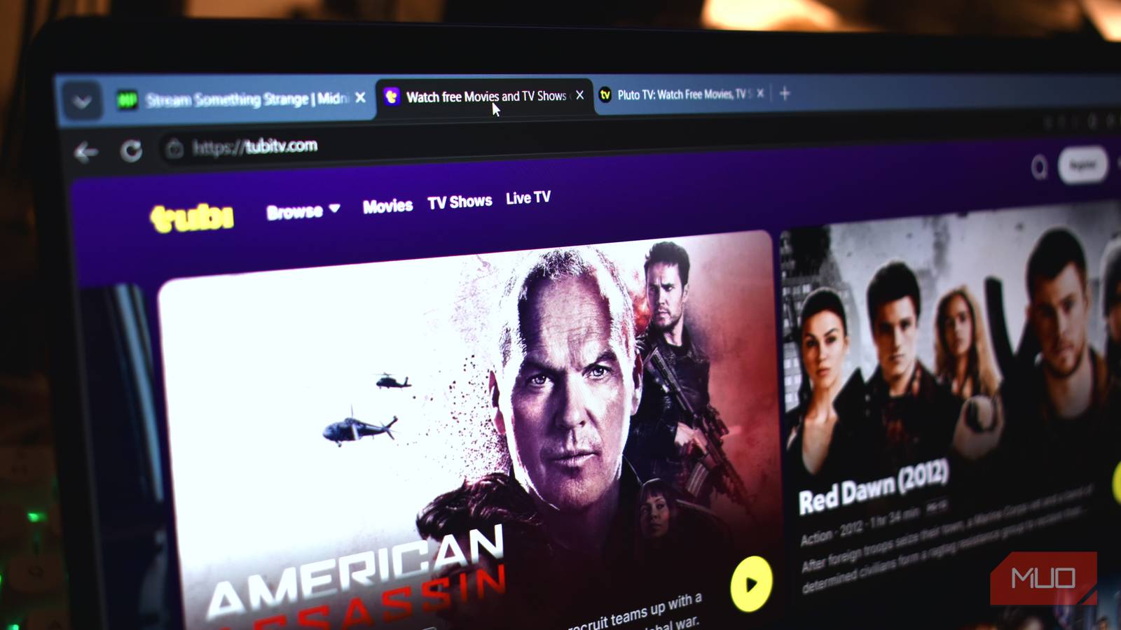 tubi home page tab open in browser with pluto midnight pulp.