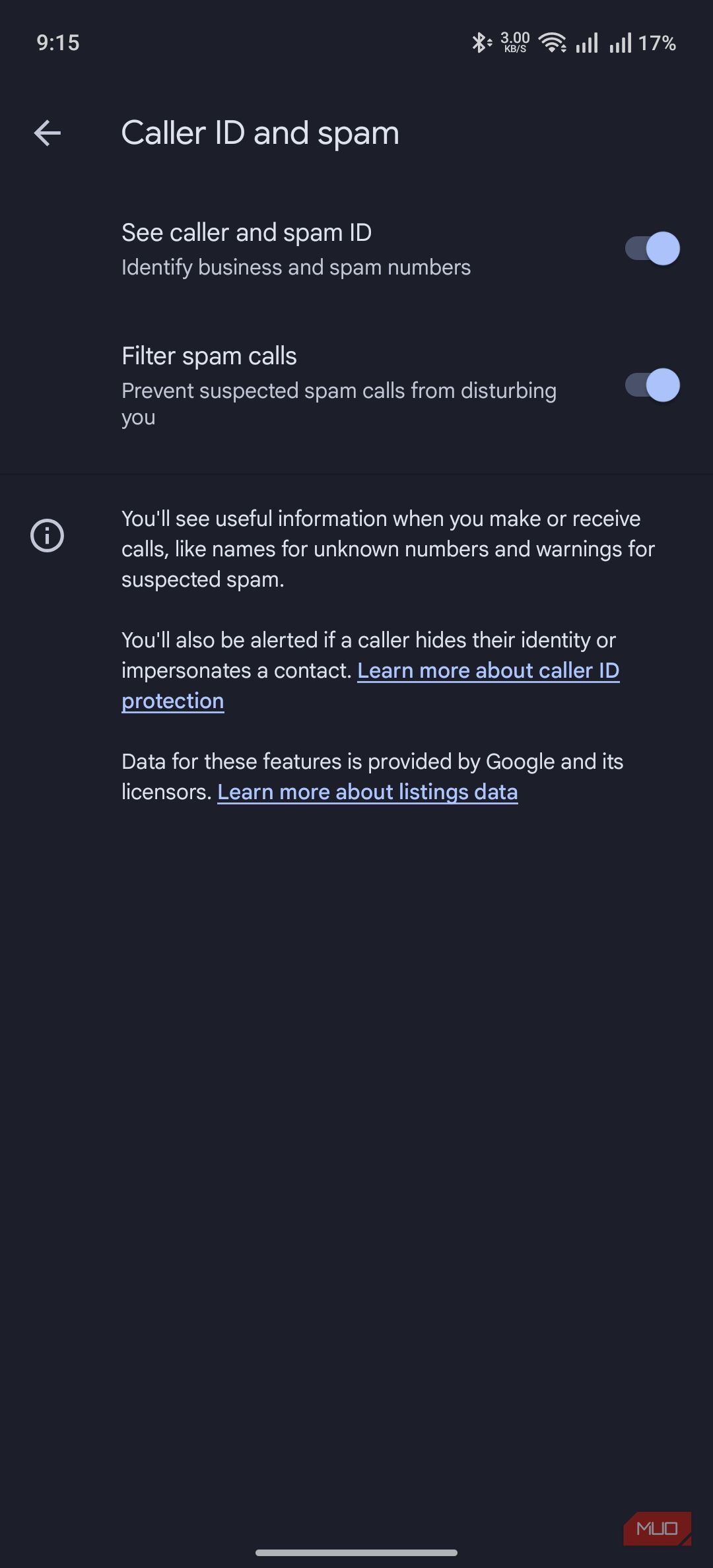 screenshot showing the option where seeing spam ID and filtering spam calls are enabled