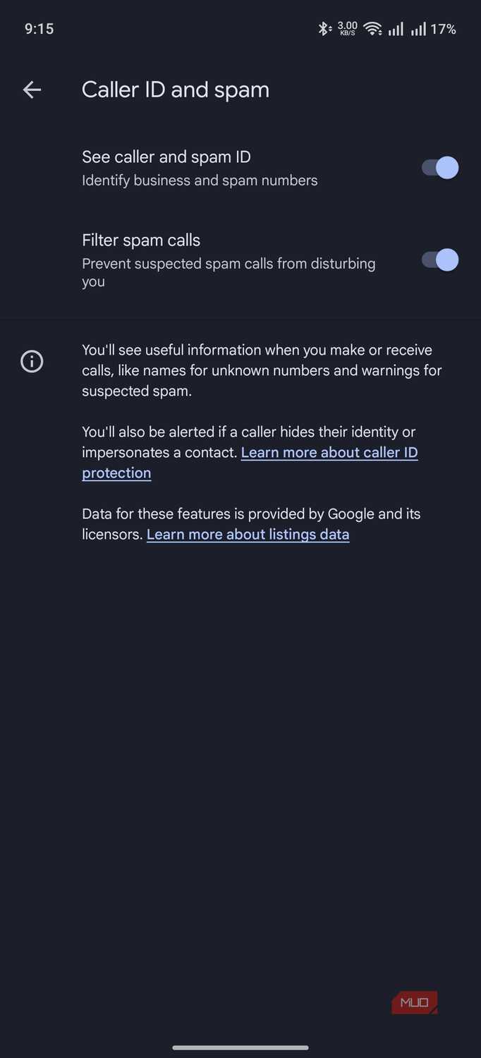 screenshot showing the option where seeing spam ID and filtering spam calls are enabled