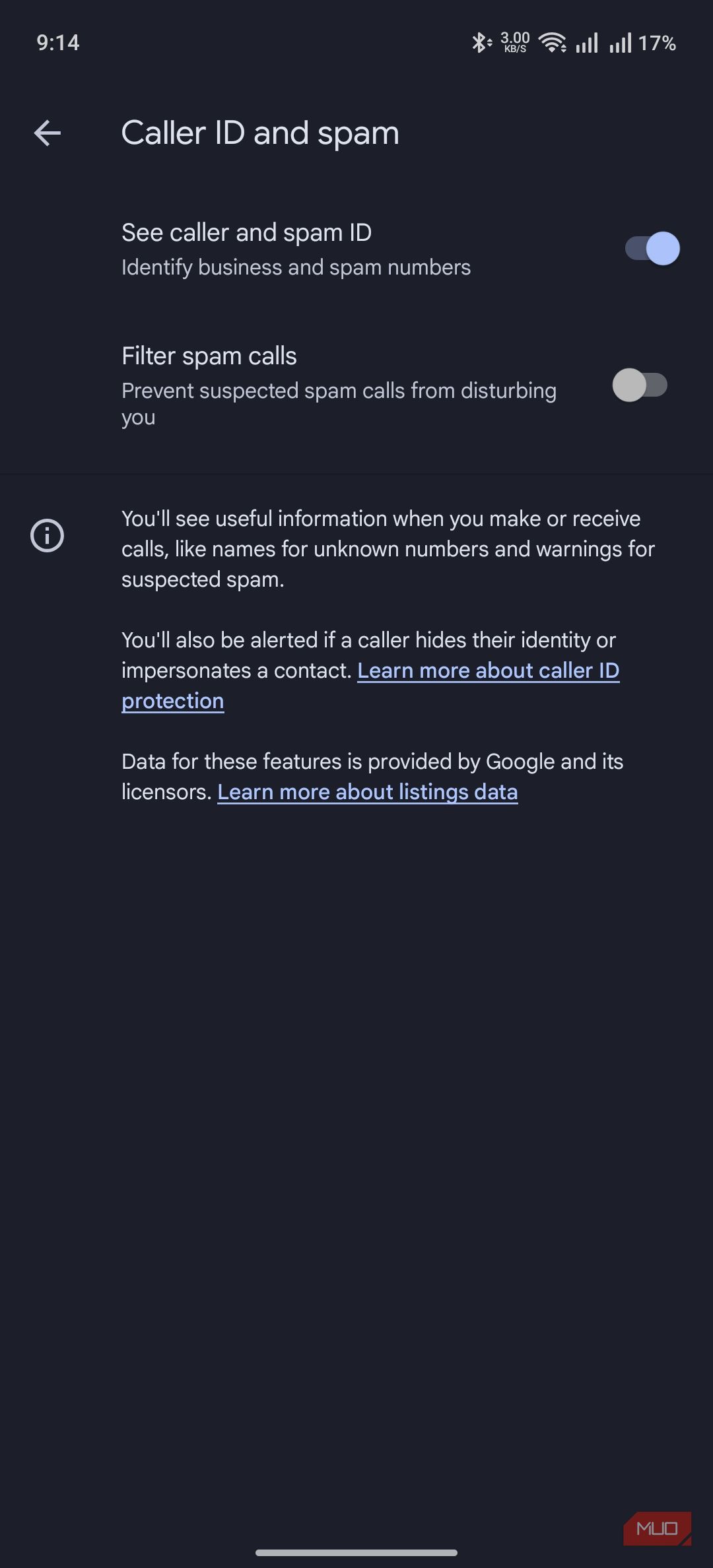 a screenshot showing the toggle for seeing caller and spam ID