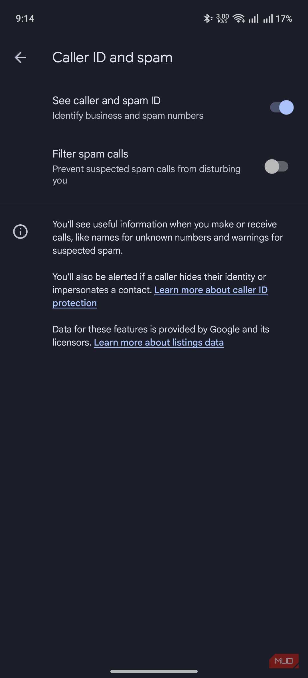 a screenshot showing the toggle for seeing caller and spam ID