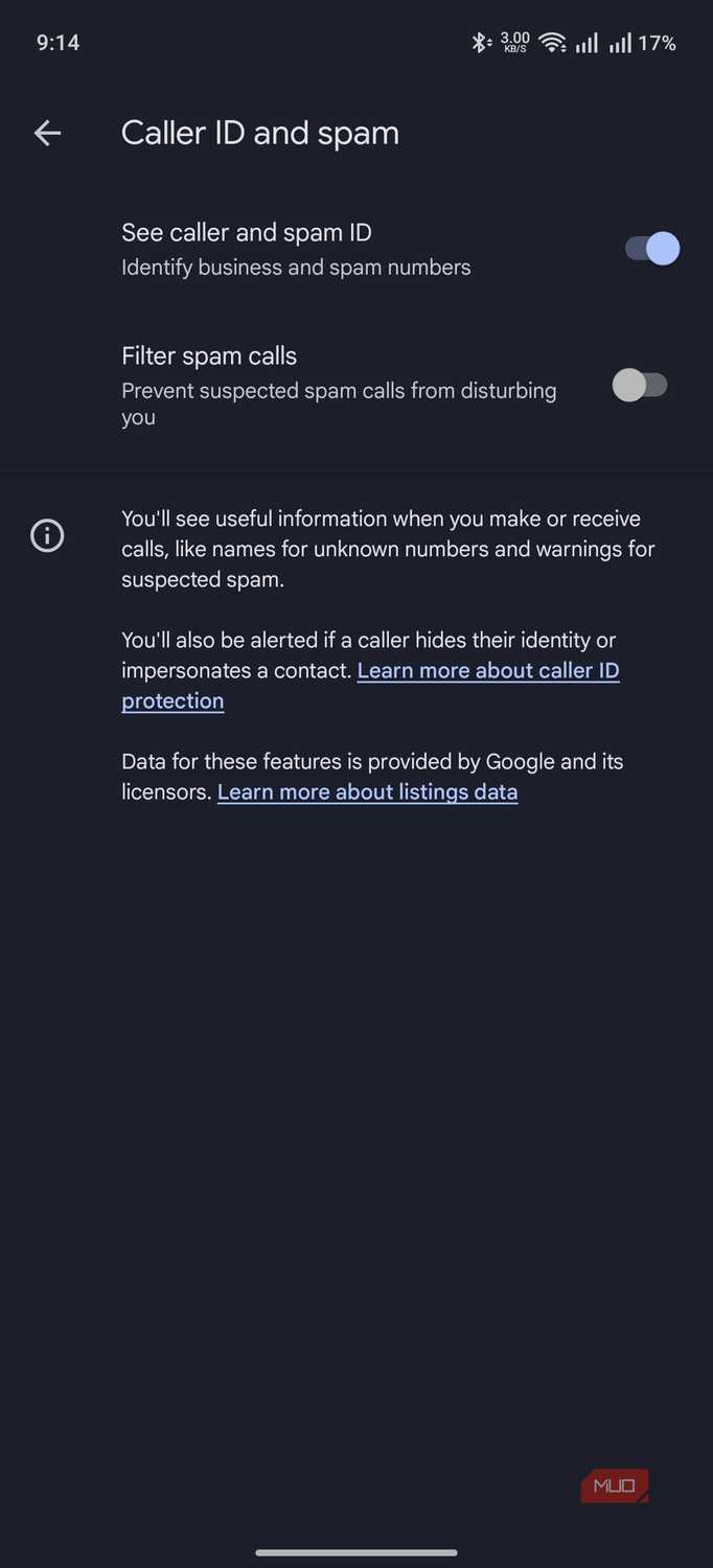 a screenshot showing the toggle for seeing caller and spam ID