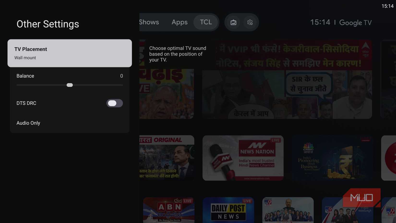 TV placement settings