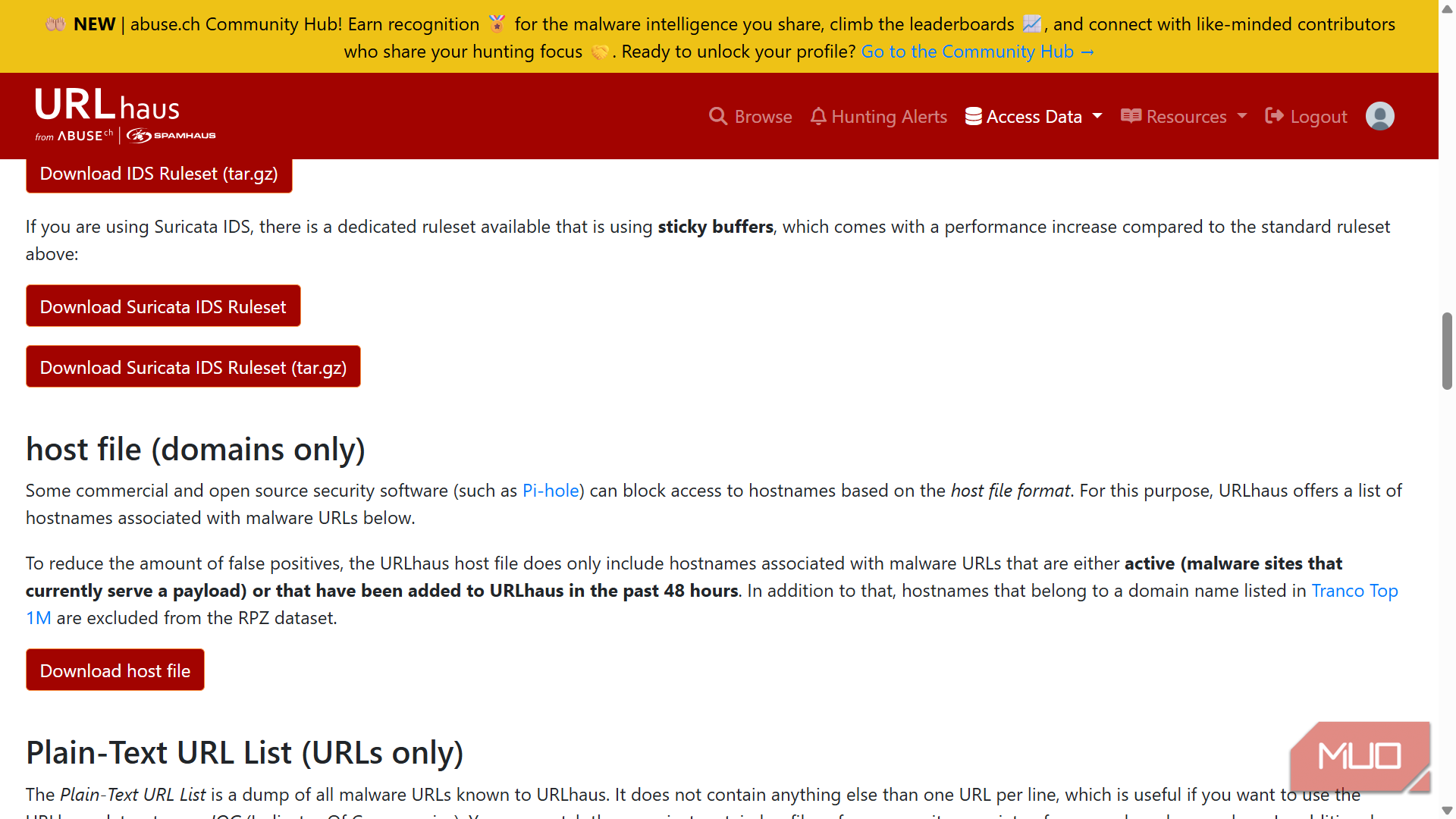 URLhaus “host file (domains only)” page