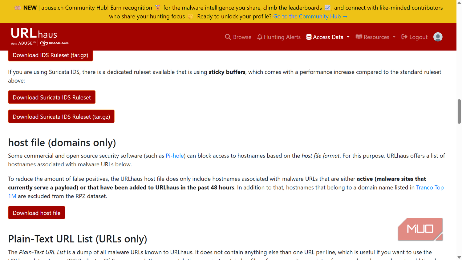 URLhaus “host file (domains only)” page