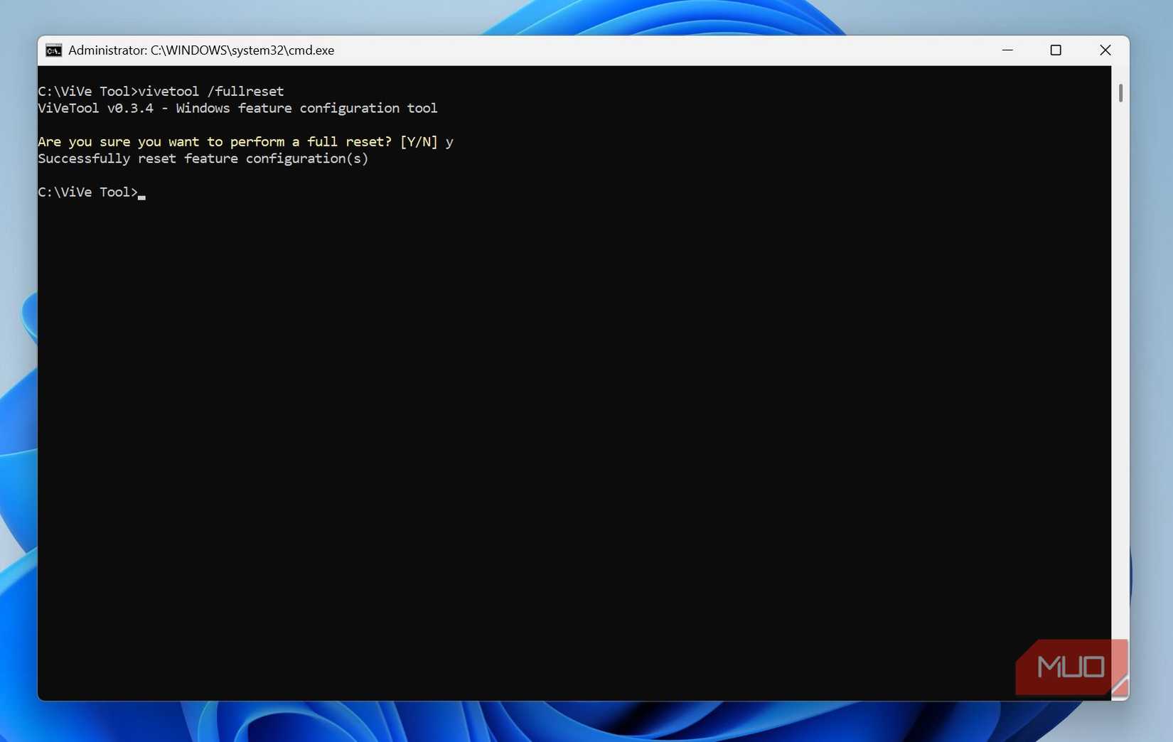 ViVeTool fullreset command