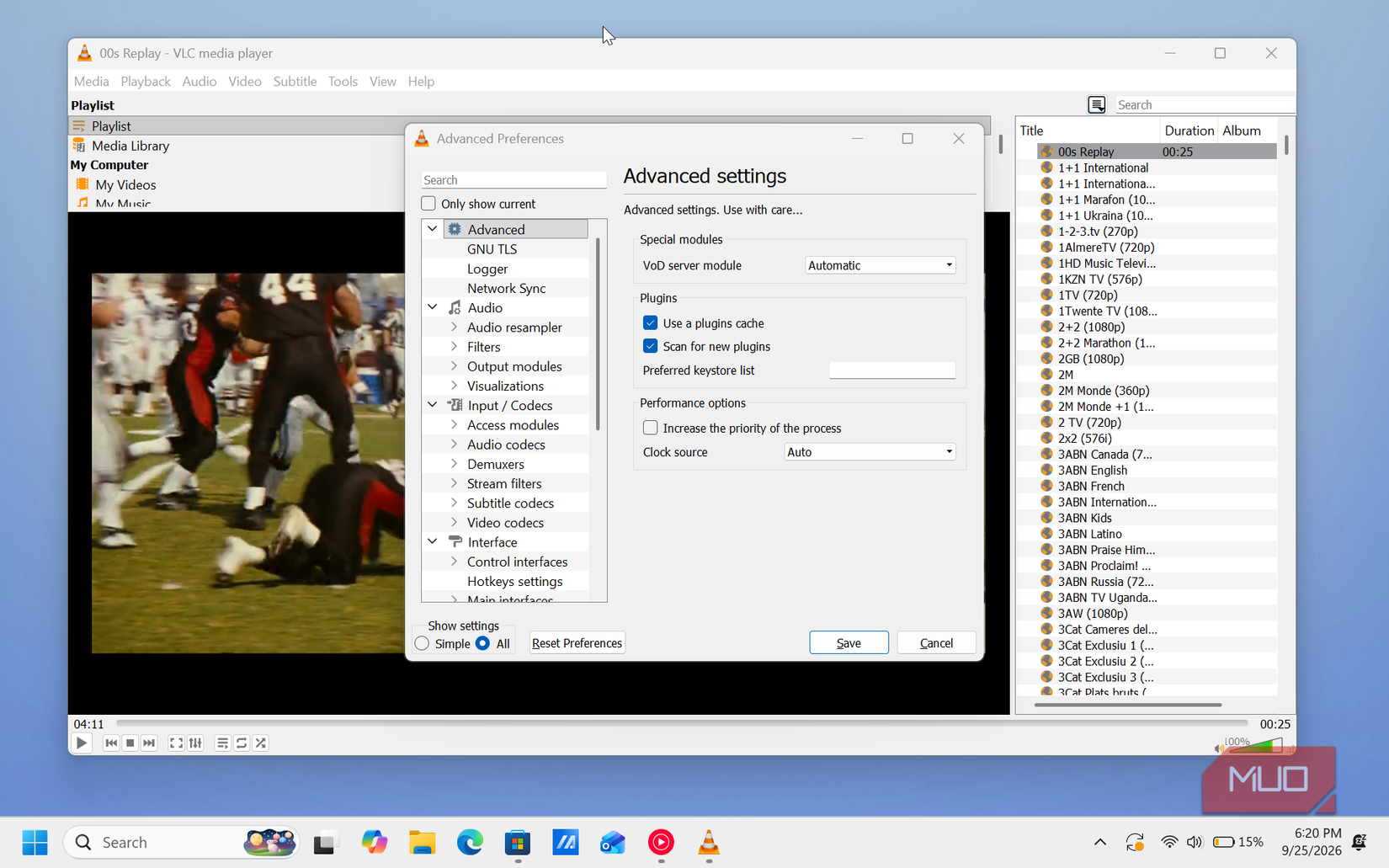 vlc media player advanced preferences dialog with plugins settings