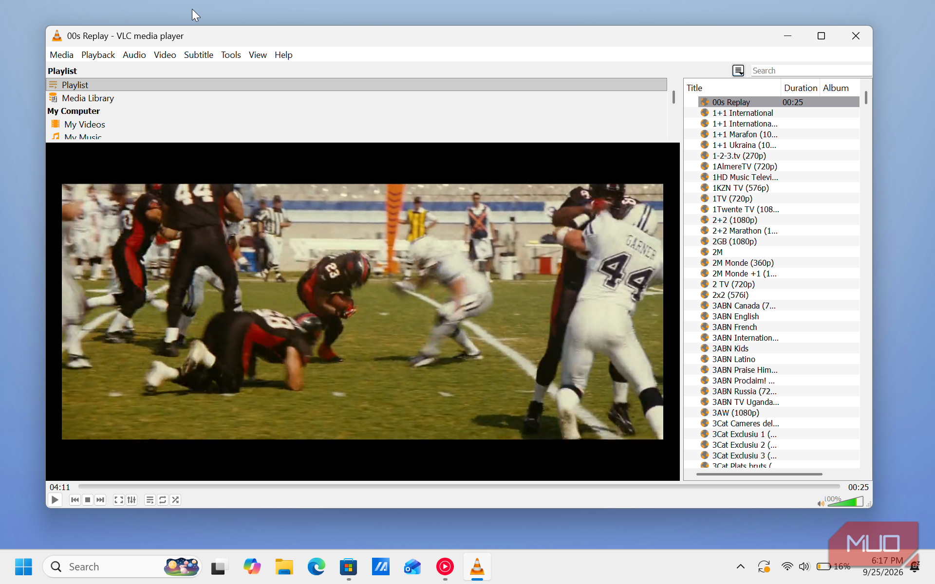 vlc media player displaying american football game footage with playlist