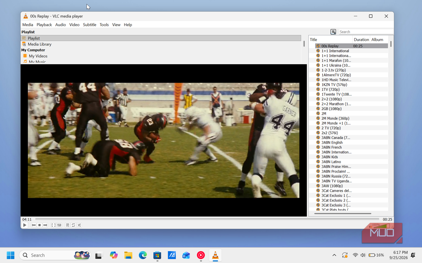 vlc media player displaying american football game footage with playlist