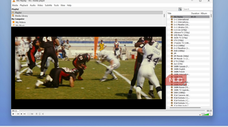 vlc media player displaying american football game footage with playlist