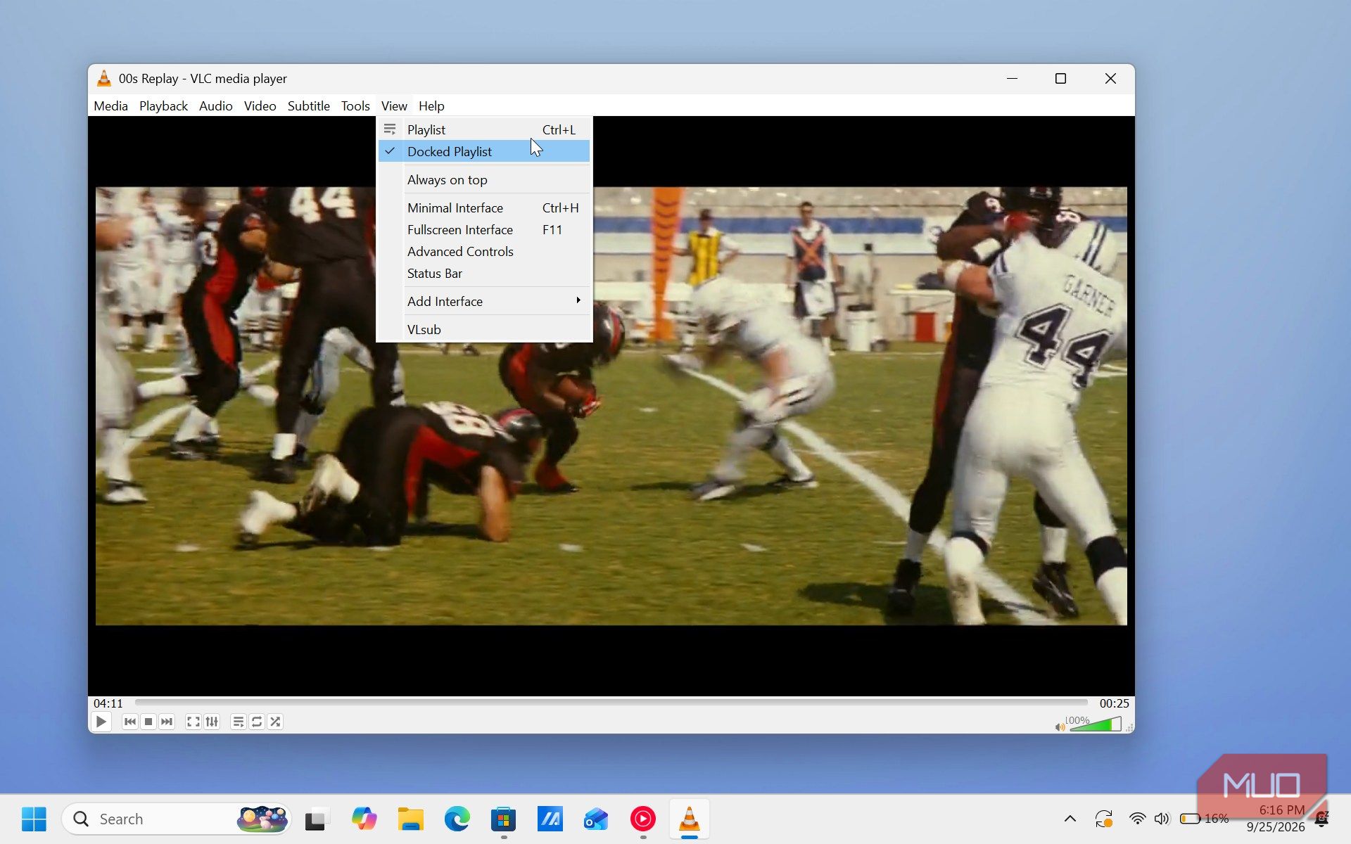 vlc media player displaying football game replay action