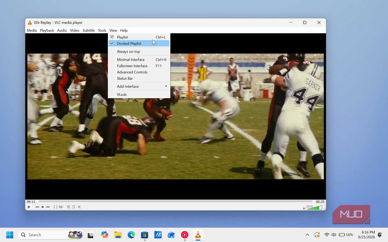 vlc media player displaying football game replay action