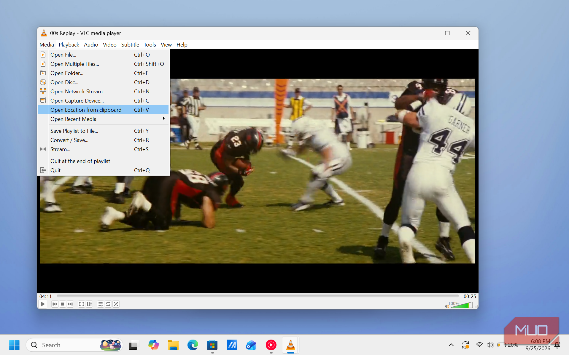 vlc media player football game replay with menu open