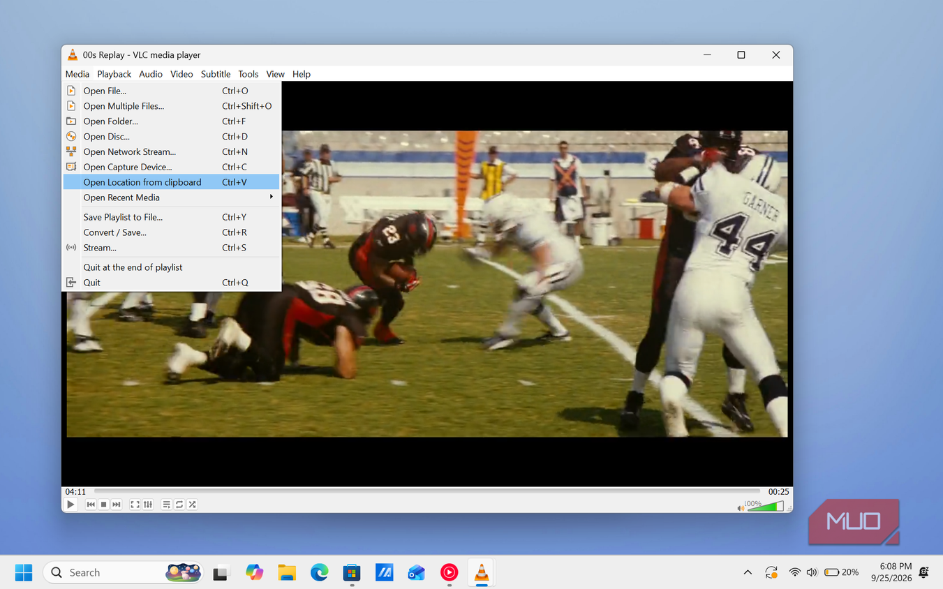 vlc media player football game replay with menu open