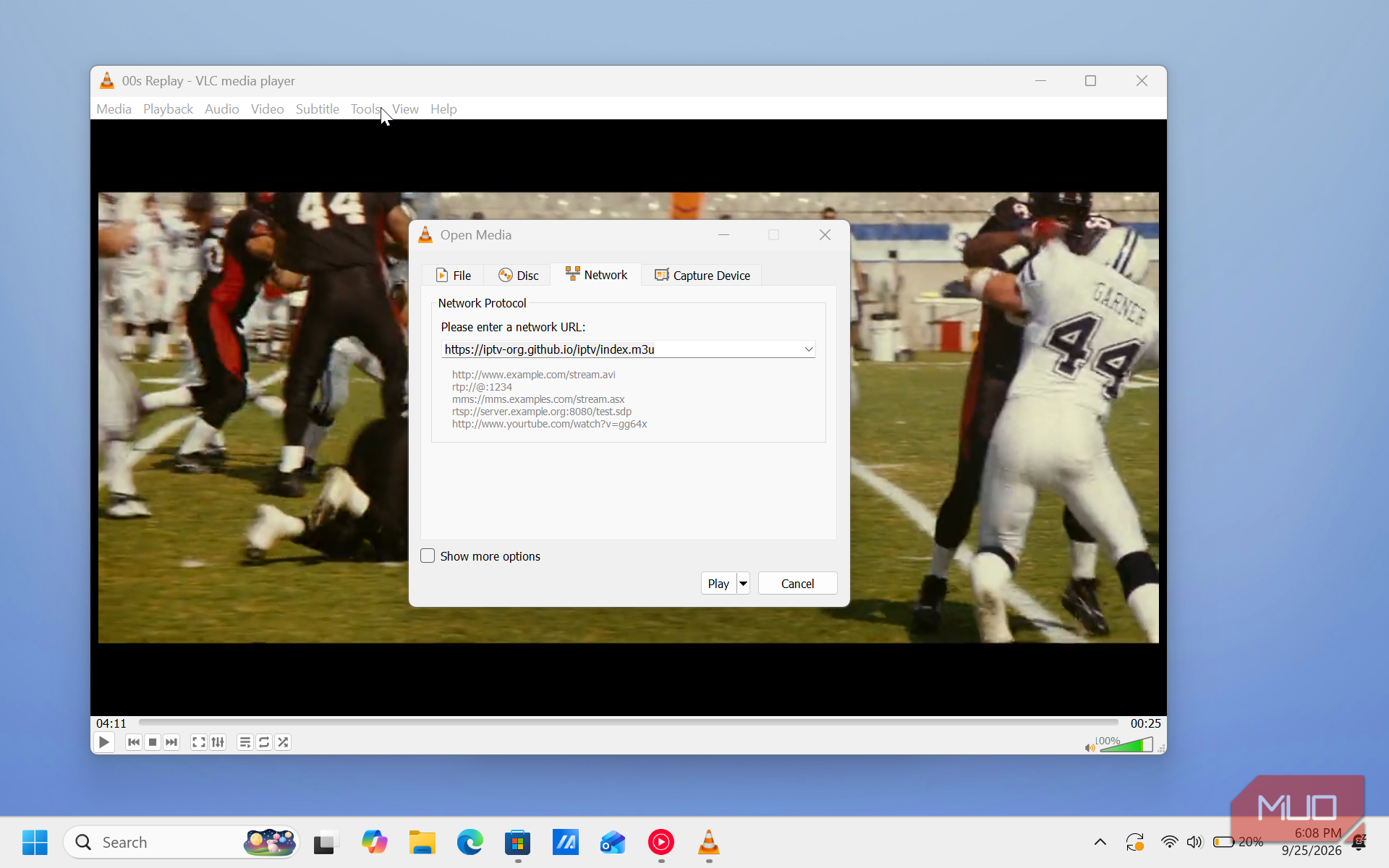 vlc media player open media dialog football game video