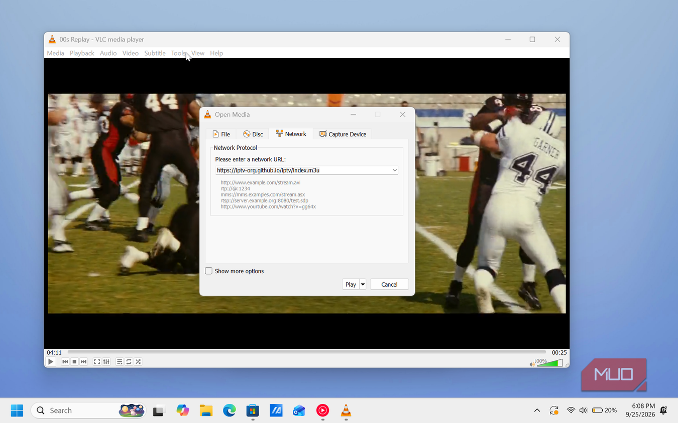 vlc media player open media dialog football game video
