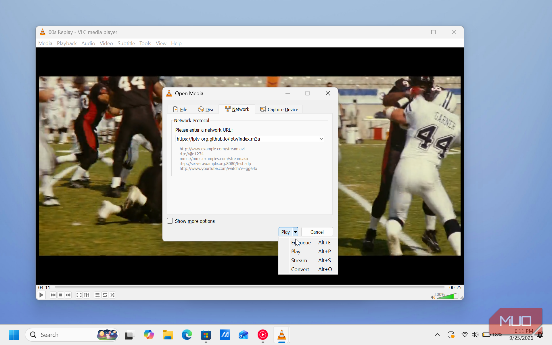 vlc media player open media dialog with football game video