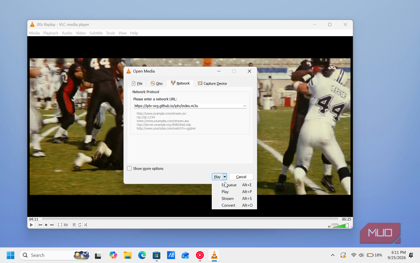 vlc media player open media dialog with football game video