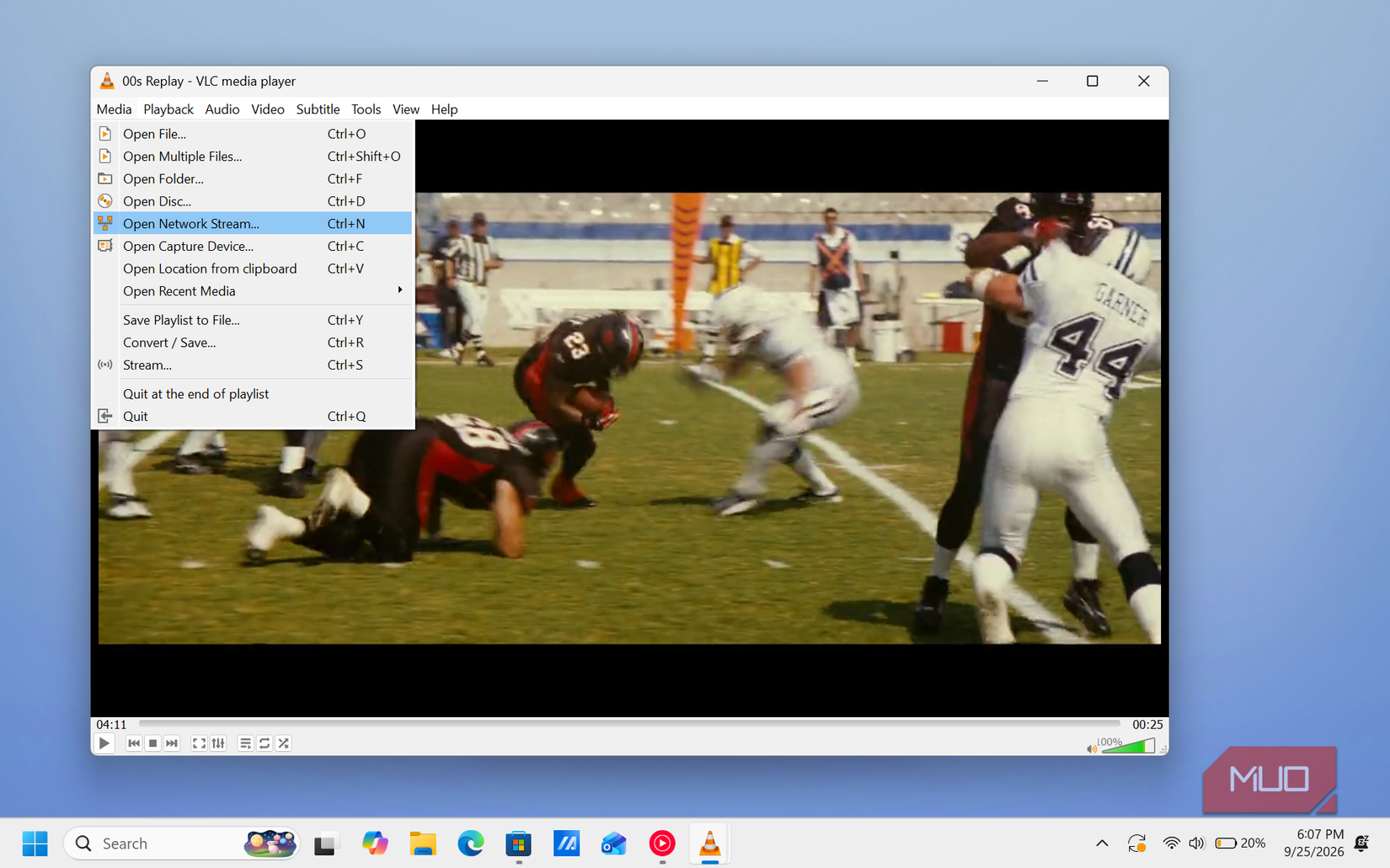 vlc media player showing american football game replay