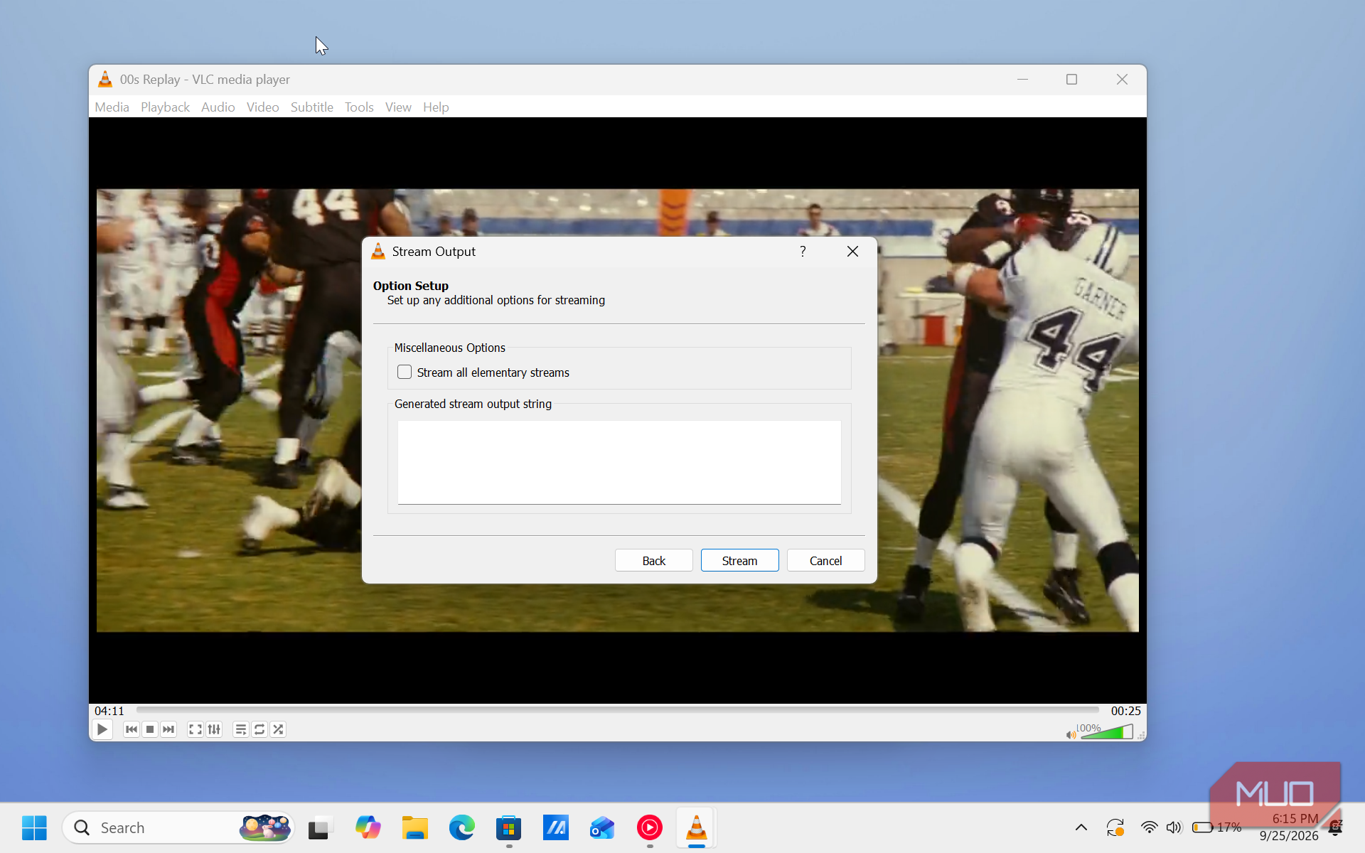 vlc media player stream output dialog with football game video
