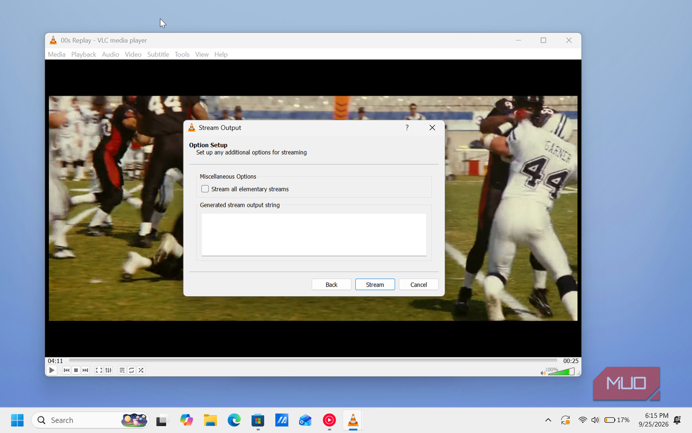 vlc media player stream output dialog with football game video