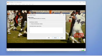 vlc media player stream output dialog with football game video